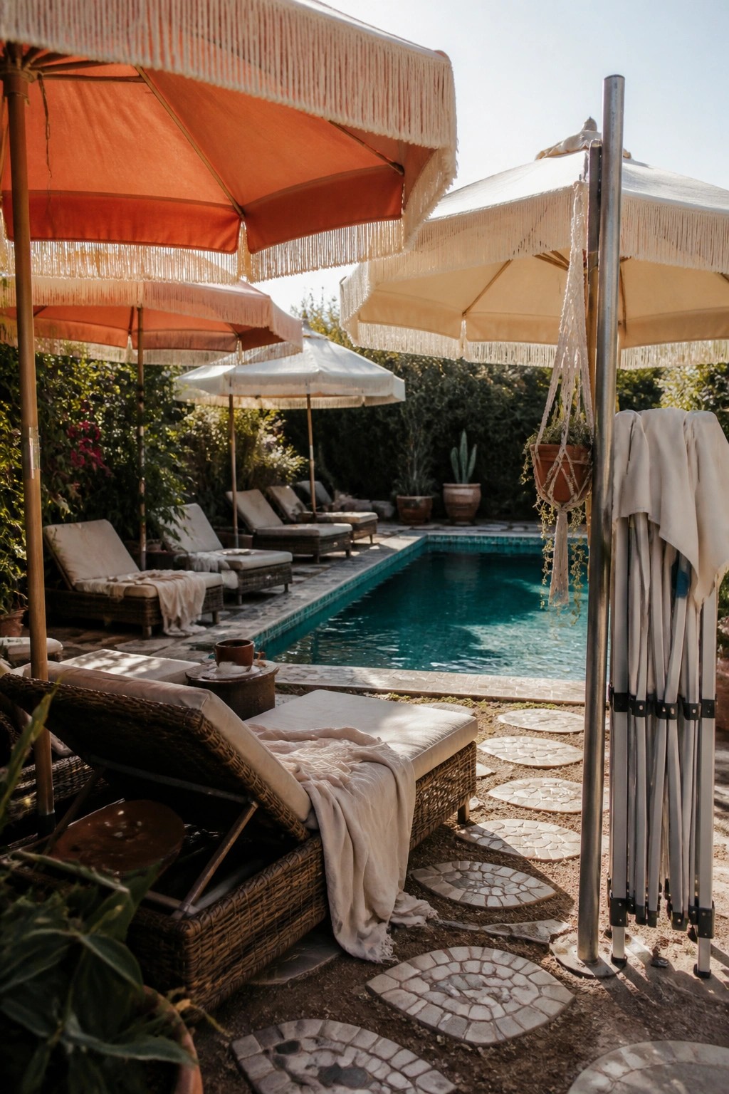19 Versatile Temporary Pool Shade Ideas for Seasonal Pool Setups Wicker lounge chairs beside turquoise pool under orange and white fringed umbrellas
