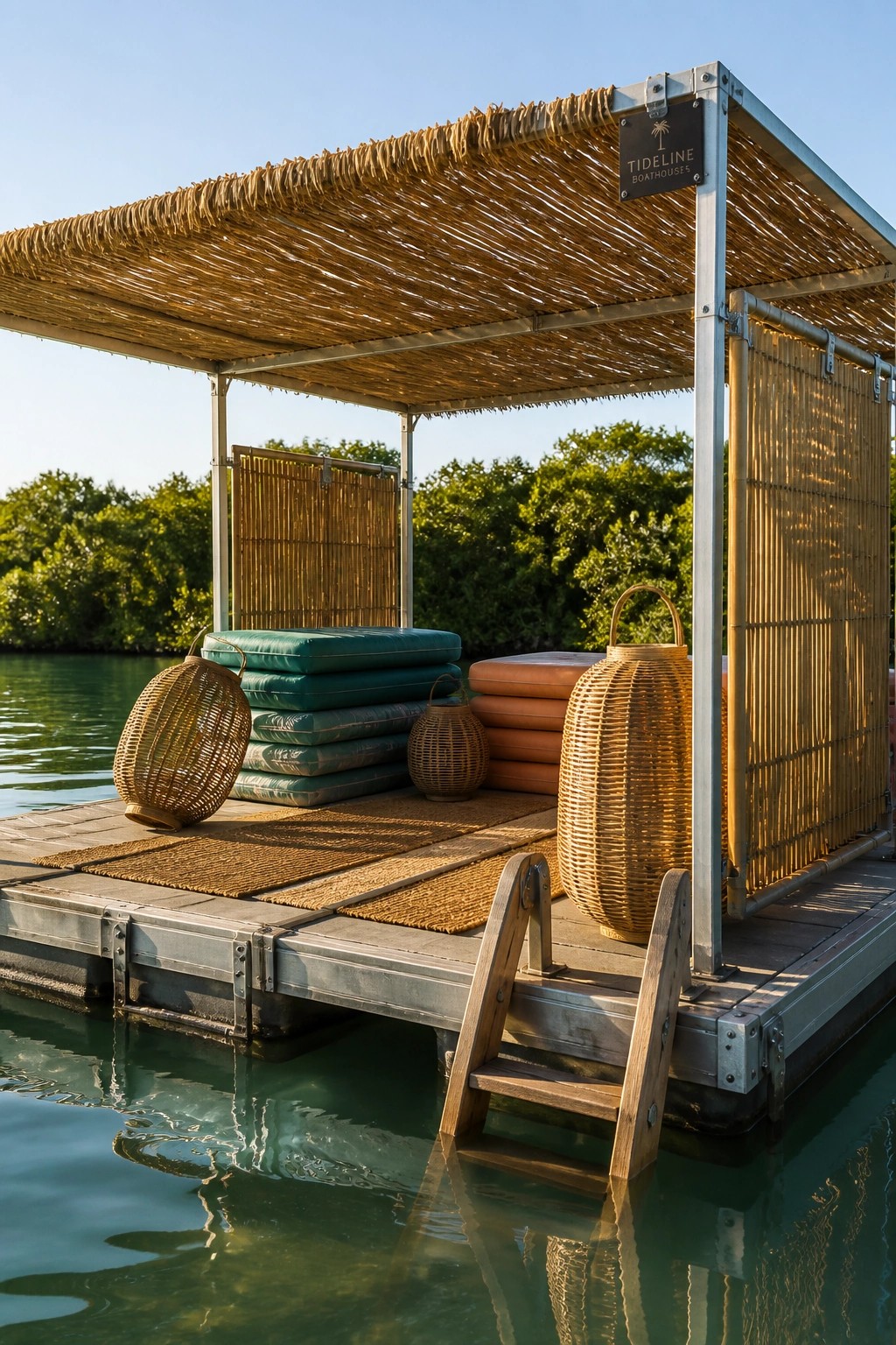 19 Versatile Temporary Pool Shade Ideas for Seasonal Pool Setups A floating dock platform with a thatched roof shade structure, stacked cushions, woven lanterns, and wooden steps into the water.