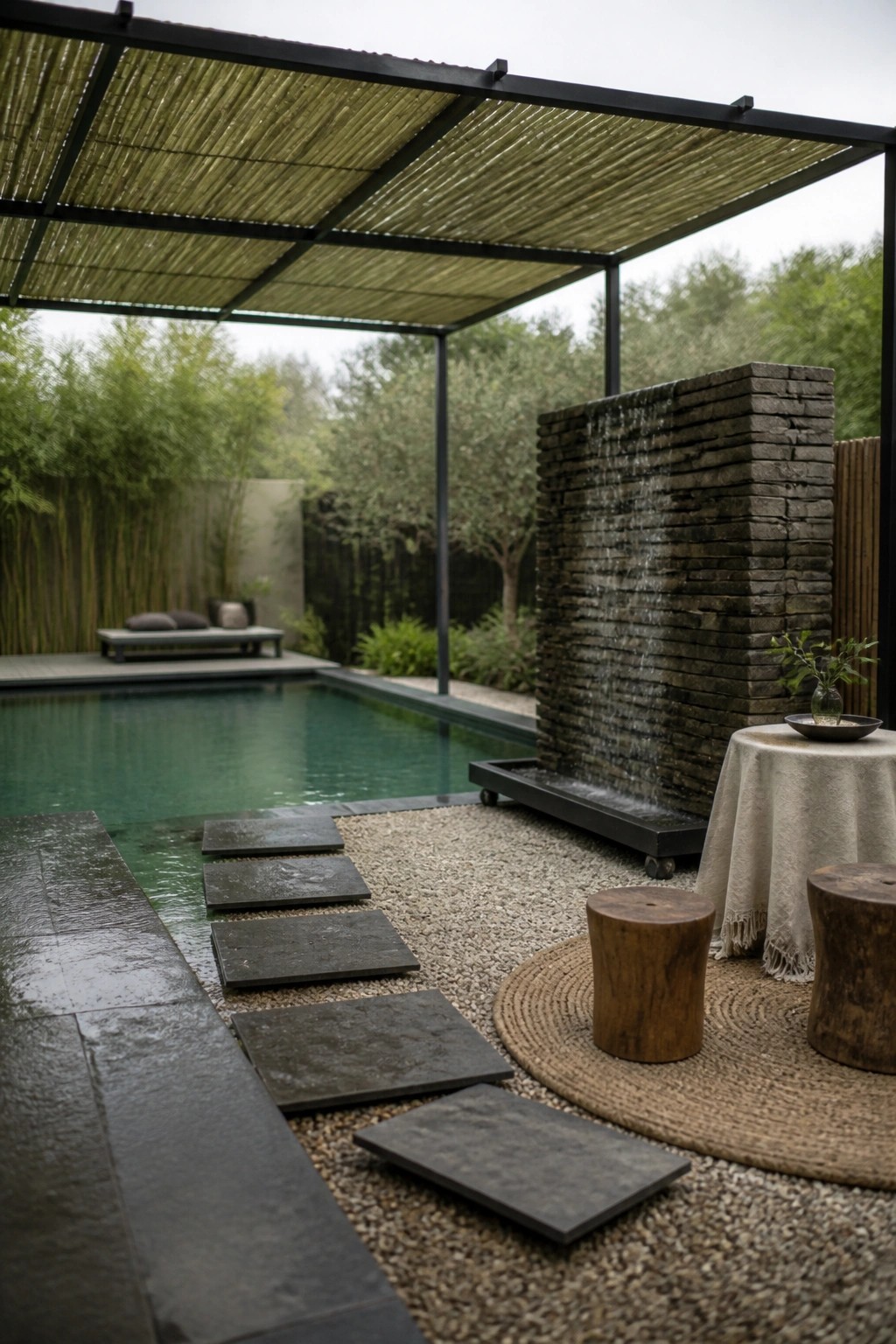 19 Versatile Temporary Pool Shade Ideas for Seasonal Pool Setups Modern pool patio under bamboo roof with stone waterfall, stepping stones, and wooden stools