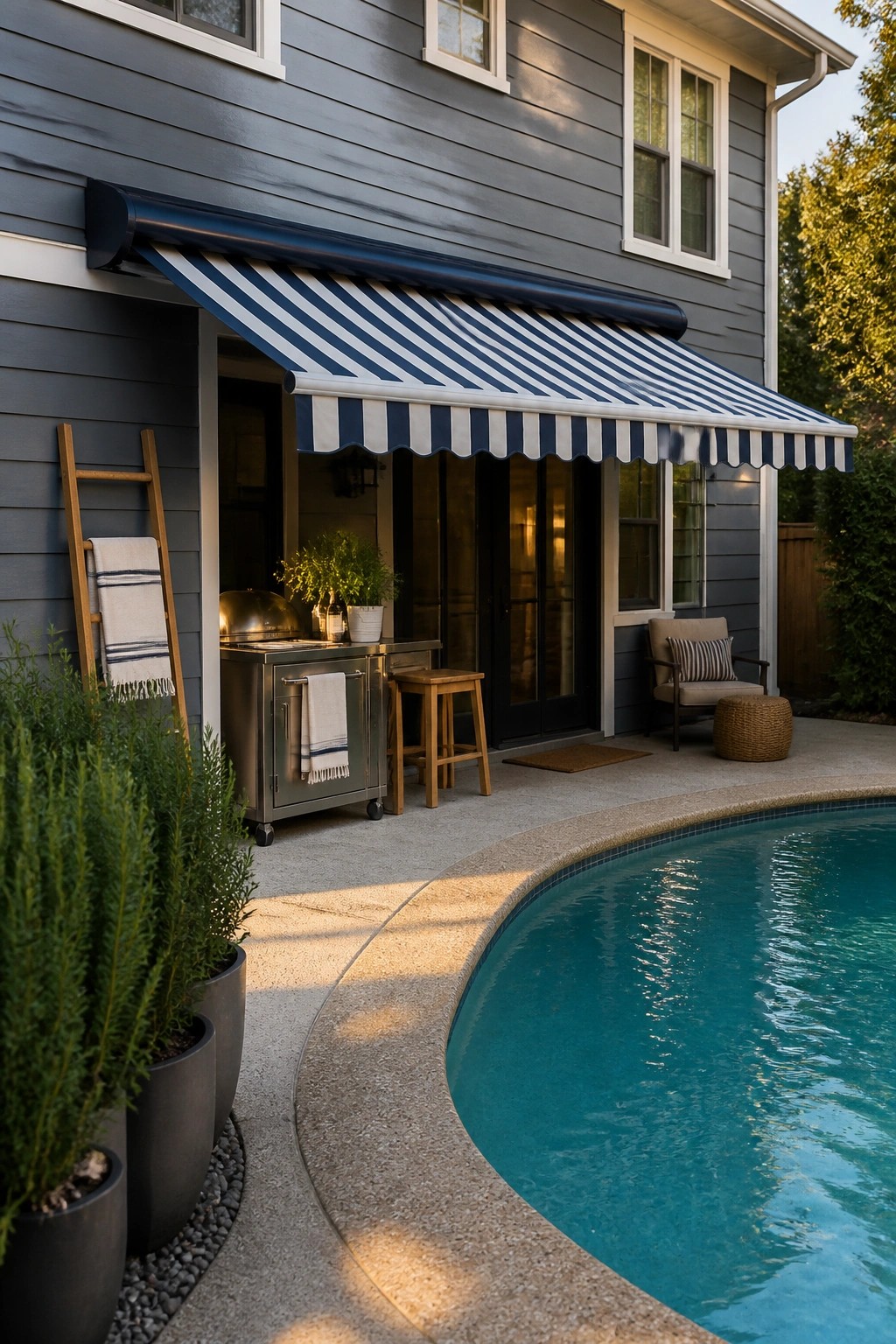 19 Versatile Temporary Pool Shade Ideas for Seasonal Pool Setups A gray house with a blue and white striped retractable awning extended over an outdoor kitchen beside a curved swimming pool.