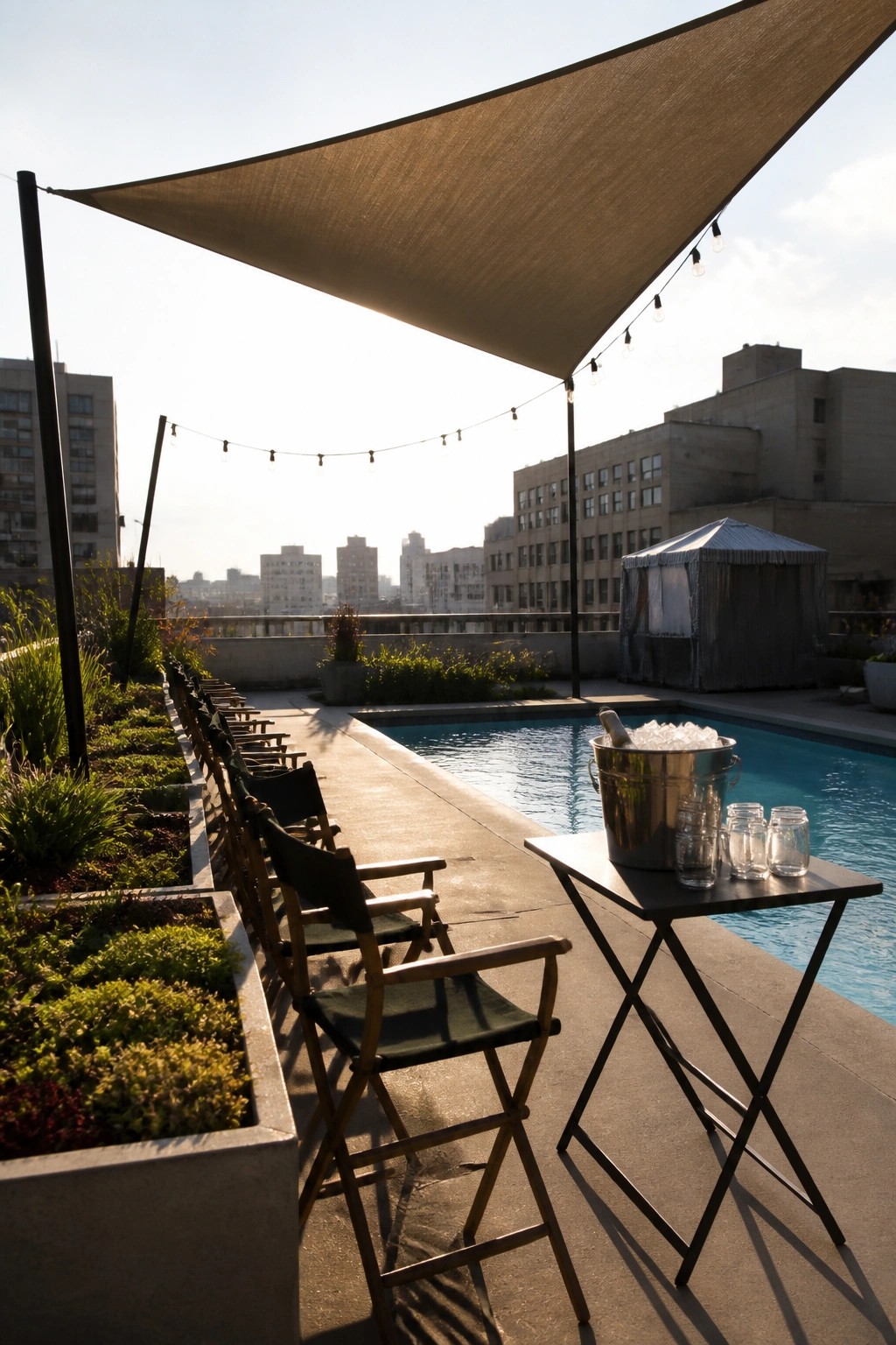19 Versatile Temporary Pool Shade Ideas for Seasonal Pool Setups Rooftop pool deck with a large triangular fabric shade sail stretched overhead, rows of folding chairs, and a small table holding an ice bucket next to the pool.