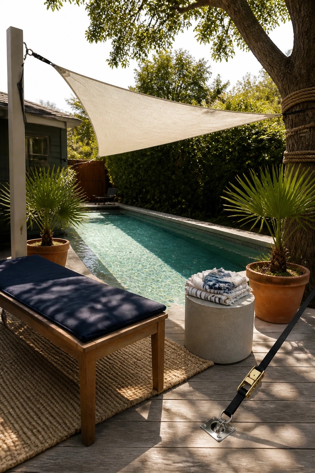 19 Versatile Temporary Pool Shade Ideas for Seasonal Pool Setups A triangular fabric shade sail is stretched over a swimming pool on a wooden deck, attached to a white post on one side and a tree trunk on the other, with a lounge chair and potted plants in view.