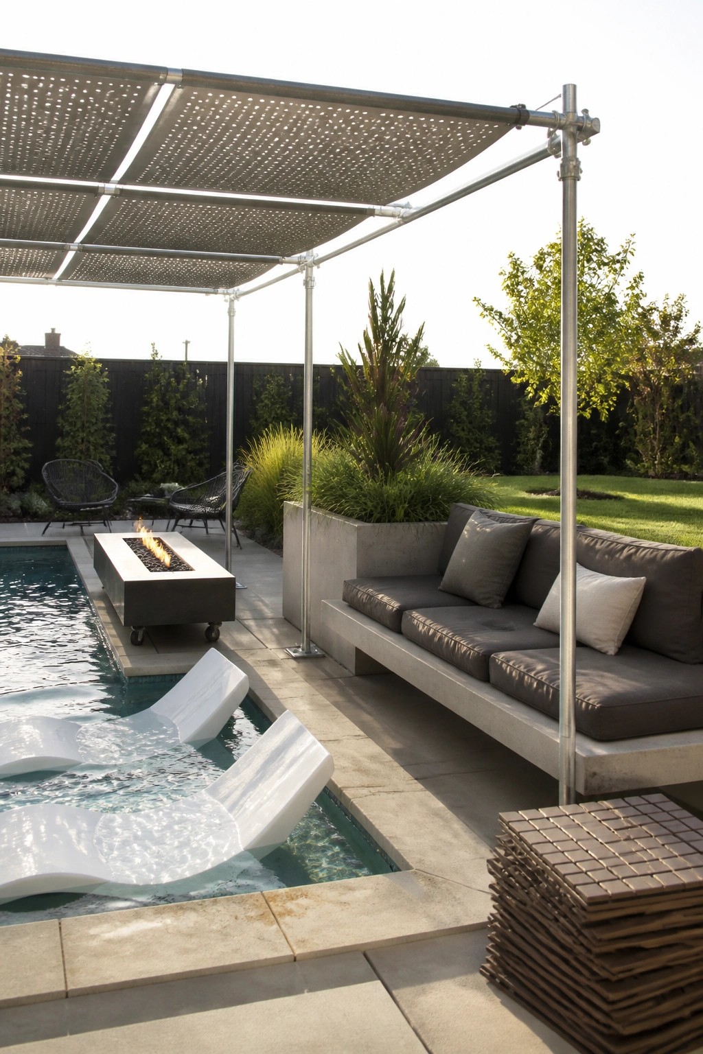 19 Versatile Temporary Pool Shade Ideas for Seasonal Pool Setups An outdoor pool deck with a large perforated metal shade canopy on steel poles covering a concrete bench, fire pit, and in-pool lounge chairs.