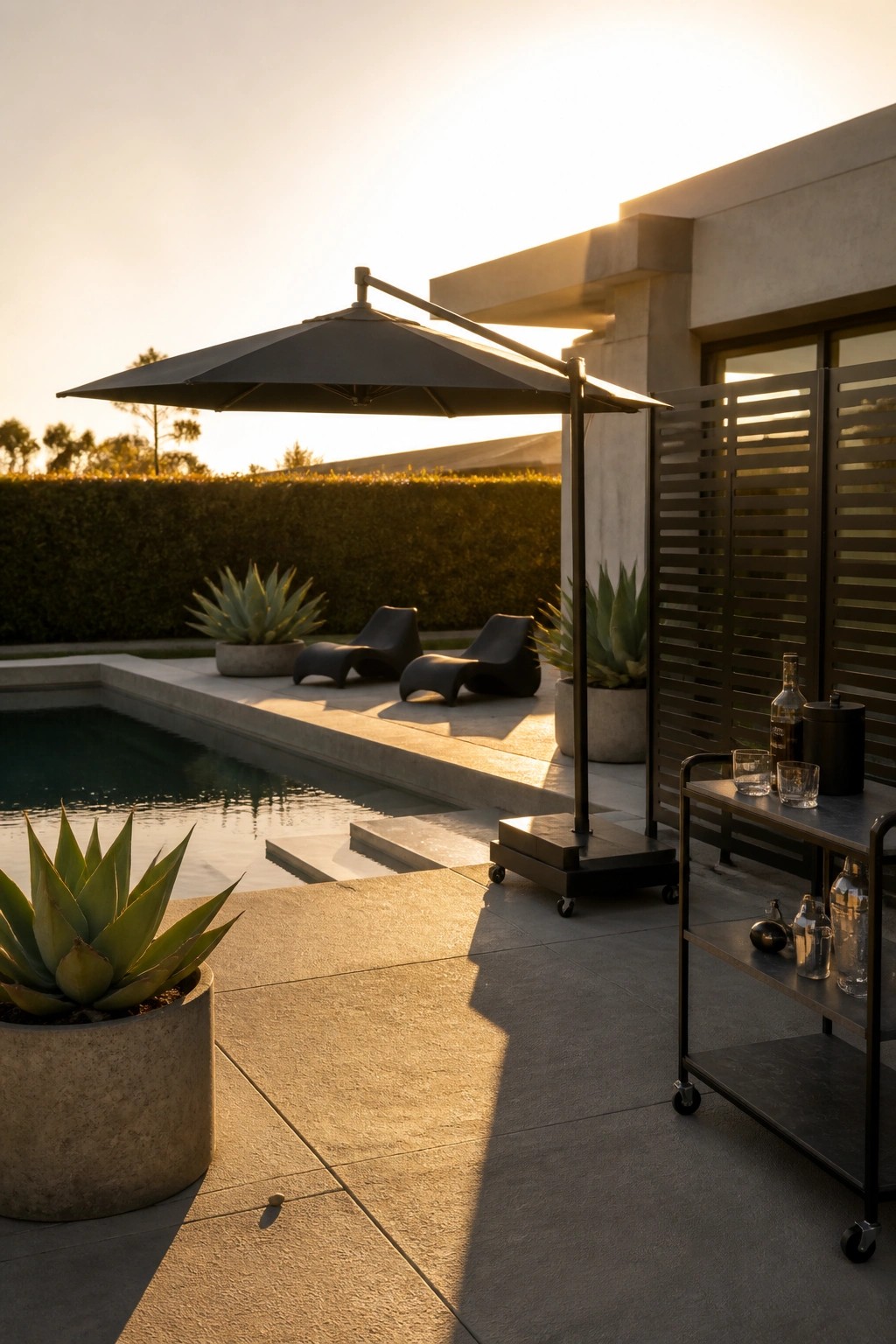19 Versatile Temporary Pool Shade Ideas for Seasonal Pool Setups Modern patio with cantilever umbrella, black loungers, pool, agave plants, and bar cart at sunset