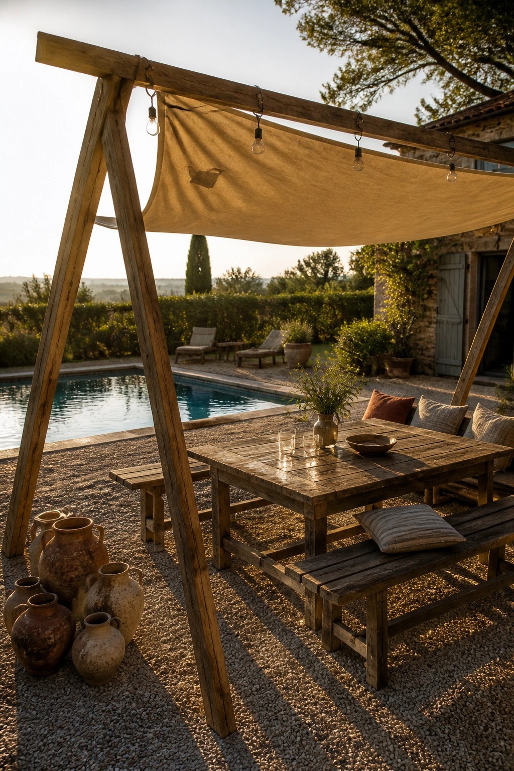 19 Versatile Temporary Pool Shade Ideas for Seasonal Pool Setups A wooden A-frame structure with beige fabric stretched across it to shade a rustic outdoor dining table beside a swimming pool.