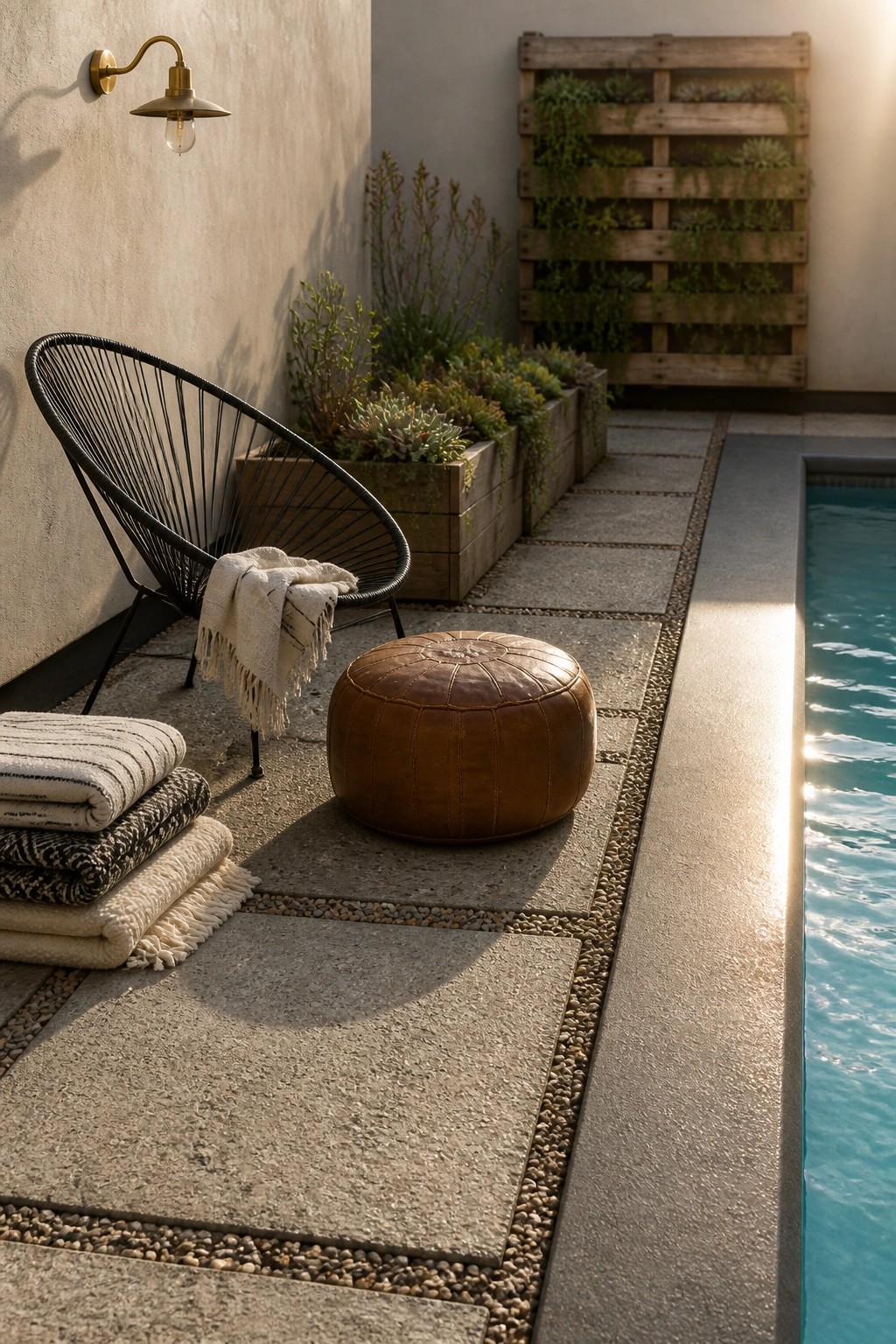 20 Affordable Pool Patio Ideas on a Budget Without Sacrificing Style A stone pool patio features a black wire chair, brown leather pouf, stacked towels, wooden planter boxes, and a vertical wooden pallet planter filled with succulents beside the water.