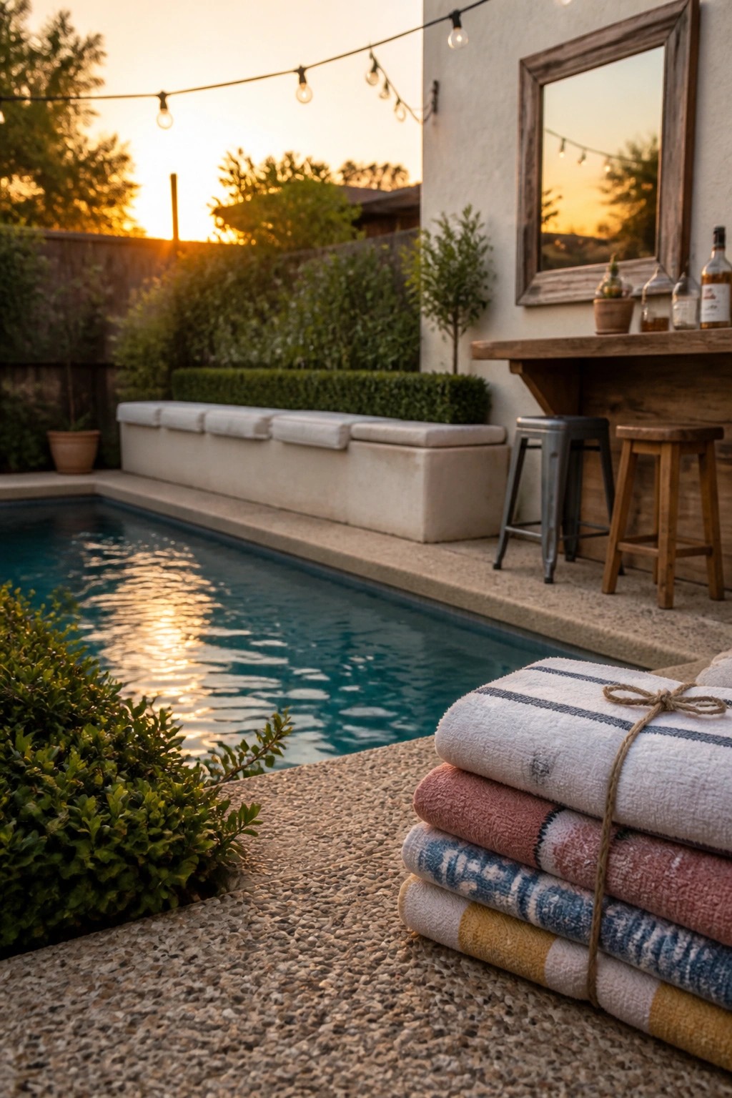 20 Affordable Pool Patio Ideas on a Budget Without Sacrificing Style A pool patio at sunset with a long cushioned concrete bench, wooden counter with stools, string lights, and folded towels in the foreground.