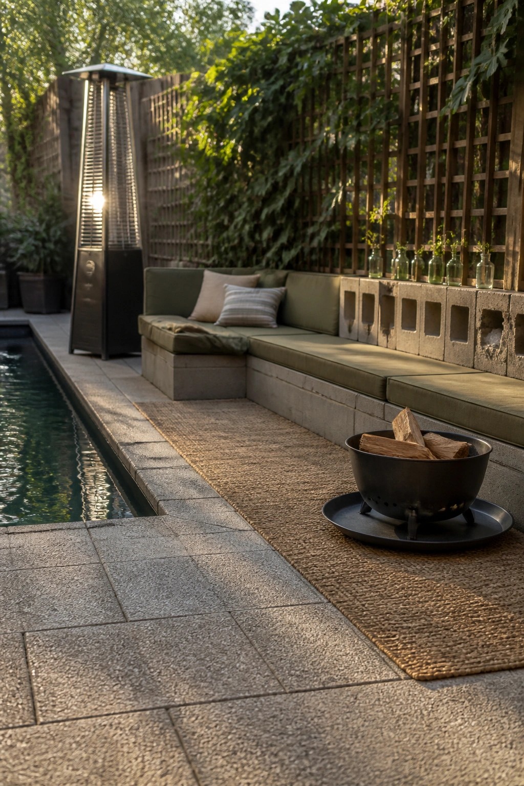 20 Affordable Pool Patio Ideas on a Budget Without Sacrificing Style An outdoor poolside patio with built-in green cushioned seating along a concrete block and wood lattice wall, a black fire pit on a woven brown runner, and a tall patio heater beside the pool.