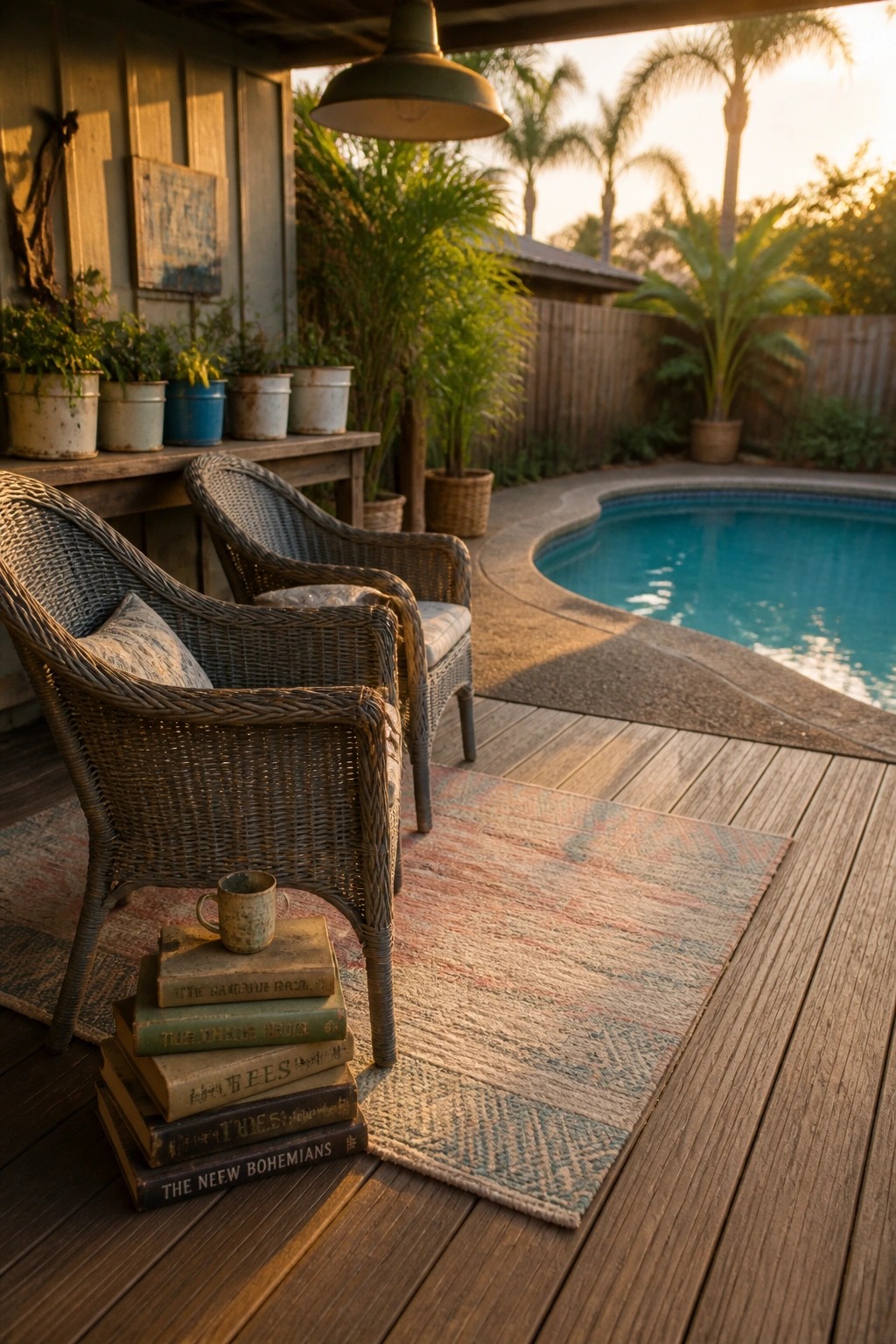 20 Affordable Pool Patio Ideas on a Budget Without Sacrificing Style Two wicker chairs on a patterned rug rest on a wooden deck next to a swimming pool with potted plants nearby.