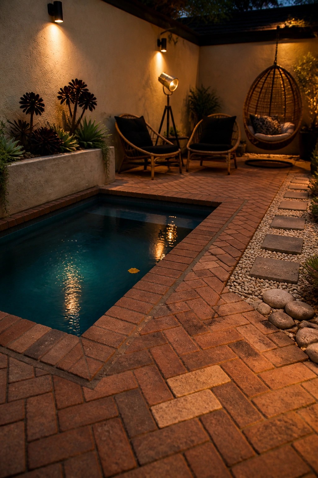 20 Affordable Pool Patio Ideas on a Budget Without Sacrificing Style A small rectangular pool edged with herringbone brick pavers, two wicker chairs with black cushions, a hanging egg chair, and a gravel path with stepping stones.