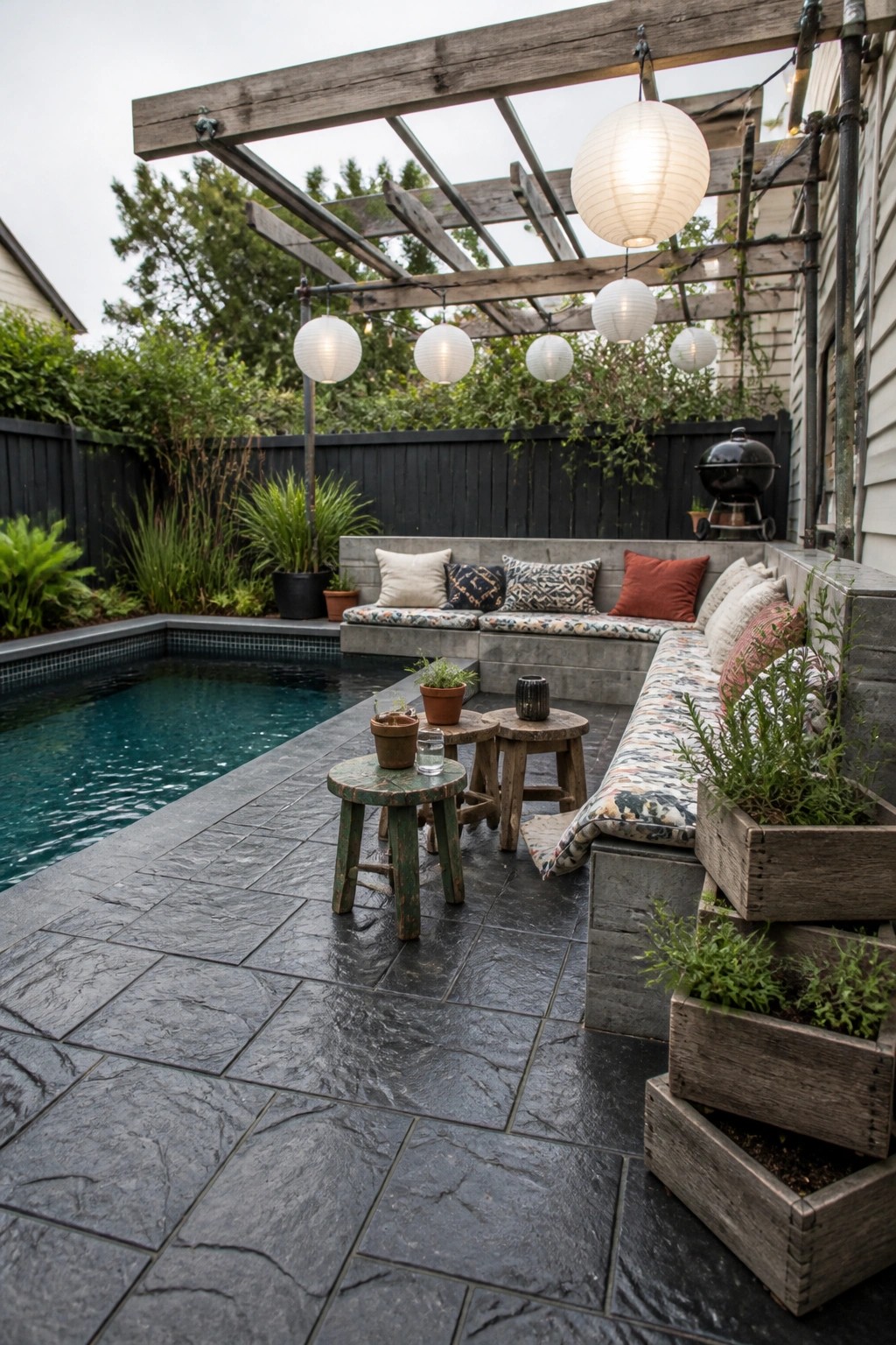 20 Affordable Pool Patio Ideas on a Budget Without Sacrificing Style A backyard pool patio with built-in concrete bench seating, wooden stools, potted plants, and a wooden pergola with hanging lanterns.
