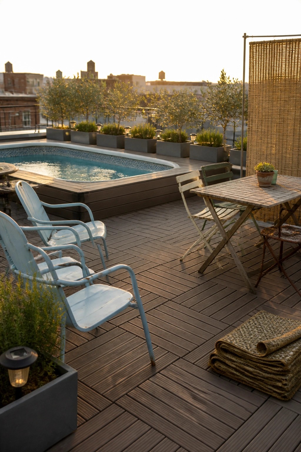 20 Affordable Pool Patio Ideas on a Budget Without Sacrificing Style A rooftop deck with a small swimming pool, several light blue metal chairs, a wooden folding table, planters, and woven mats at sunset.