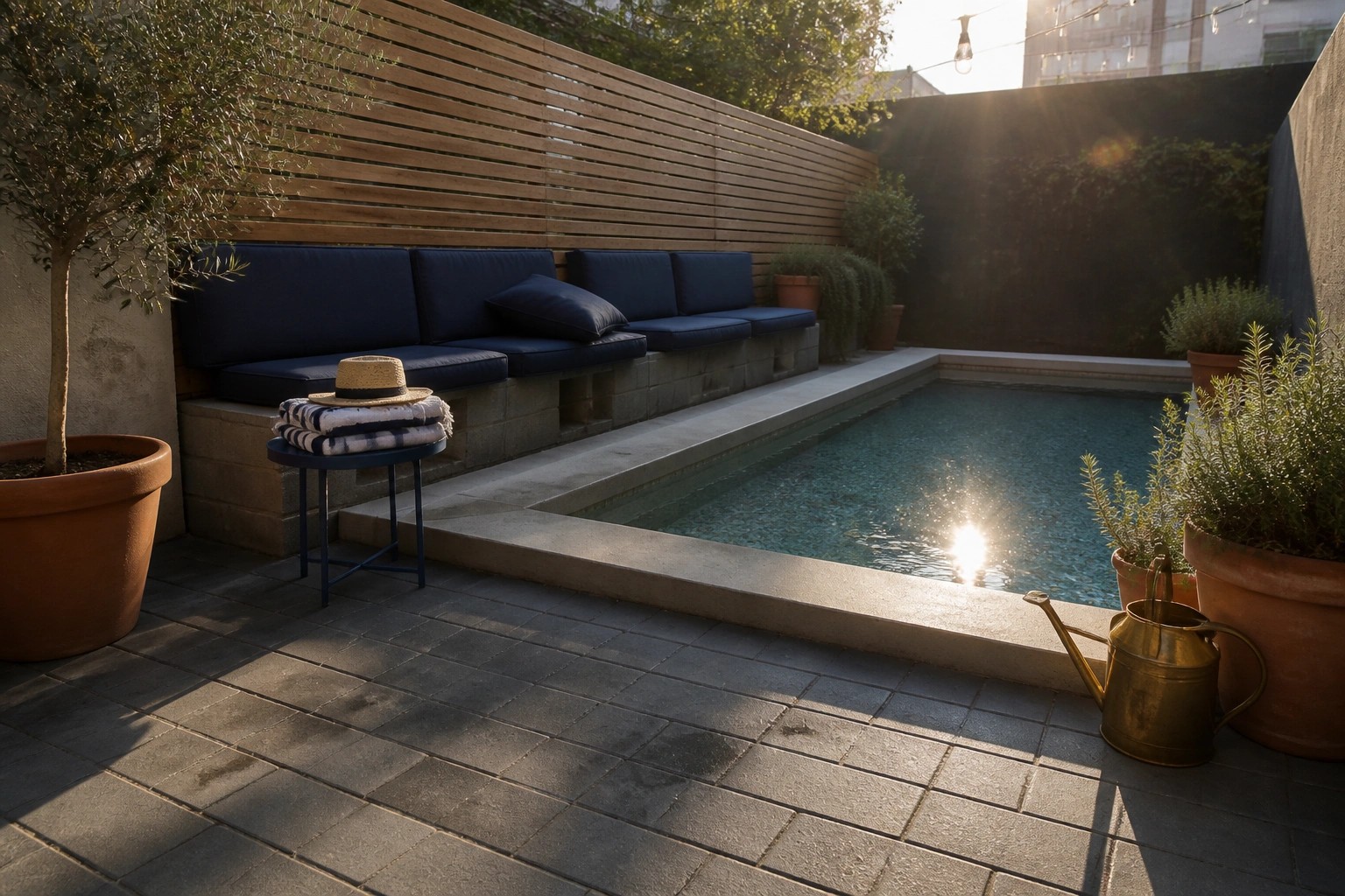 A small rectangular plunge pool with concrete coping set into a gray stone paver patio, next to a built-in bench with blue cushions and several large potted plants.