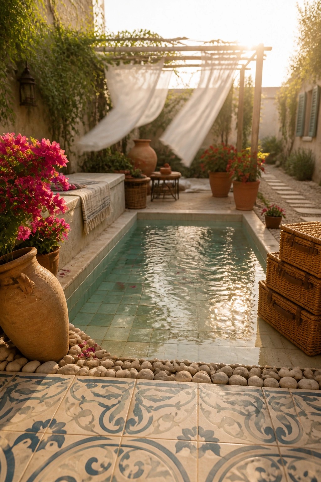 20 Affordable Pool Patio Ideas on a Budget Without Sacrificing Style A small rectangular pool with turquoise tiles sits in a courtyard, bordered by large terracotta pots filled with pink flowers, woven baskets, and a pergola with white fabric overhead.