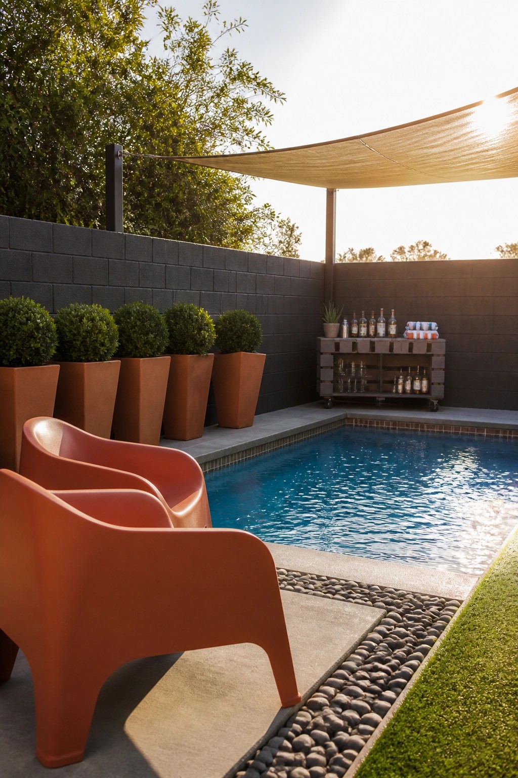 20 Affordable Pool Patio Ideas on a Budget Without Sacrificing Style Modern orange chairs by blue pool with shade sail and planters