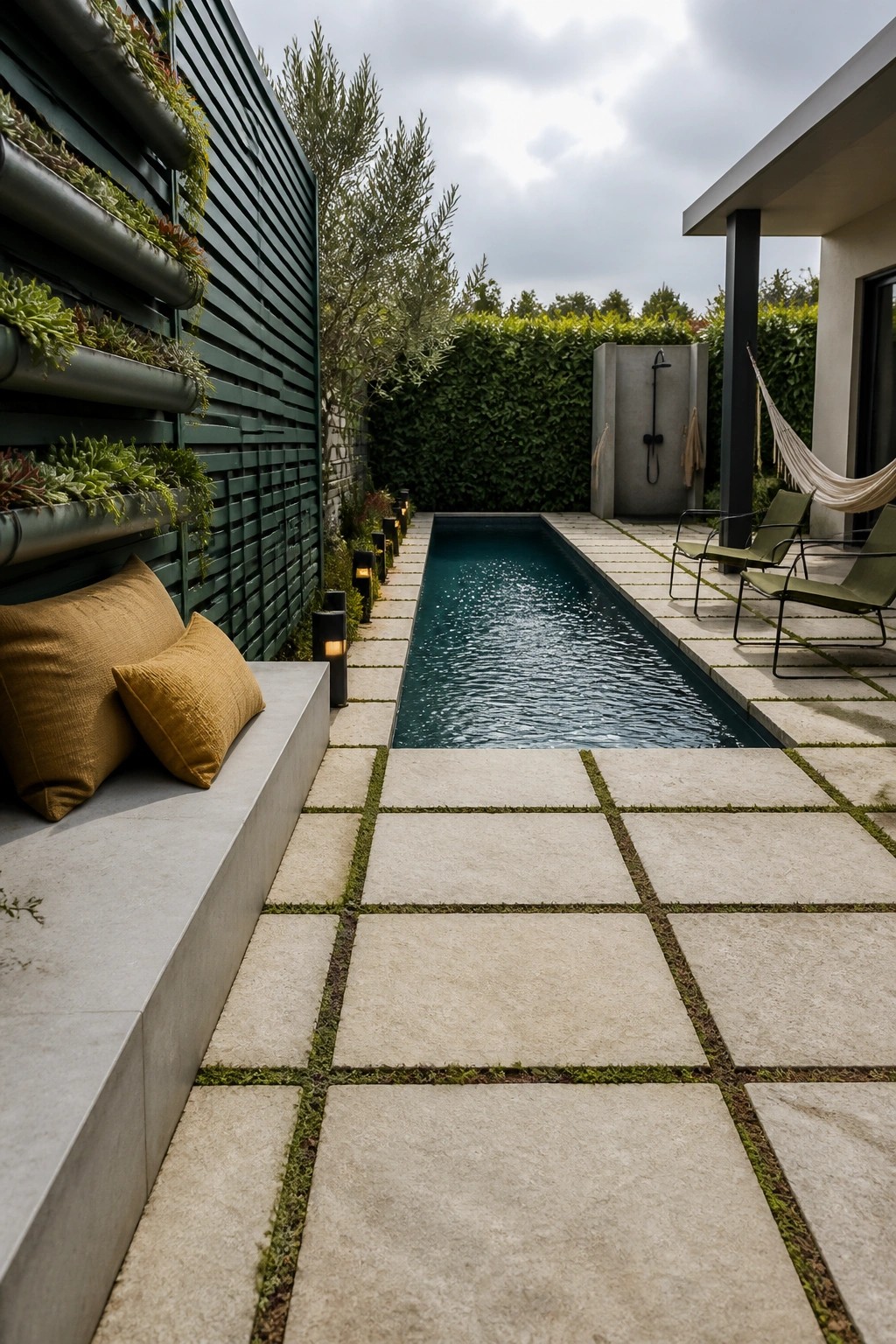 20 Affordable Pool Patio Ideas on a Budget Without Sacrificing Style A narrow lap pool bordered by large light stone pavers with grass in the joints, a vertical garden on one side, and lounge chairs on the other.