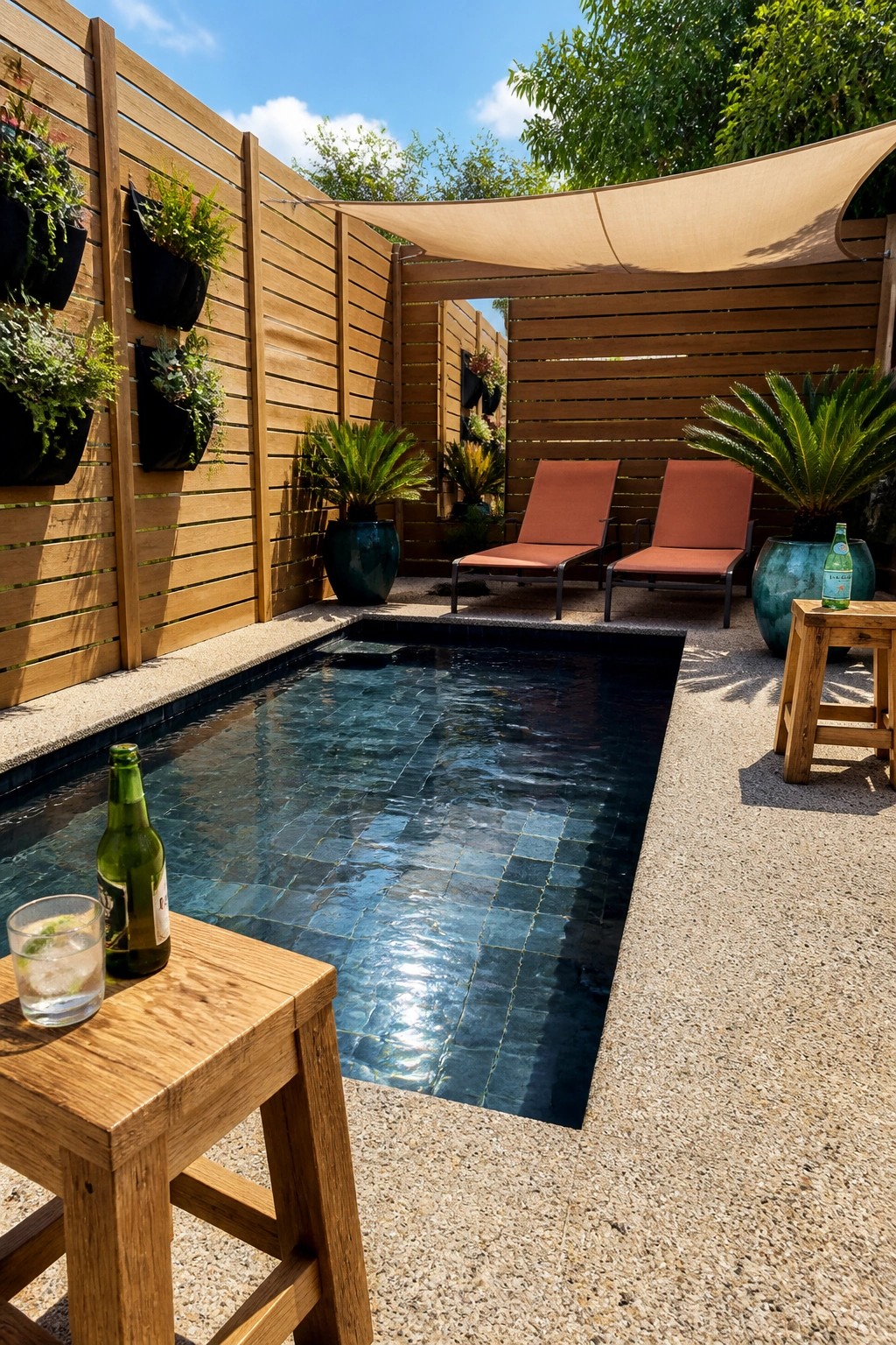 20 Affordable Pool Patio Ideas on a Budget Without Sacrificing Style A small rectangular pool surrounded by gravel with two lounge chairs under a shade sail, and black wall planters mounted on a wooden fence.
