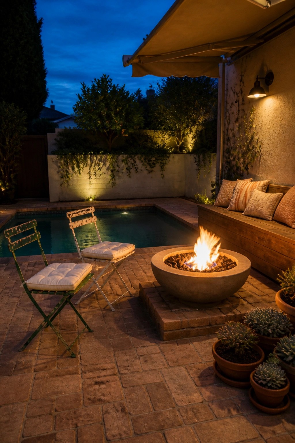 20 Affordable Pool Patio Ideas on a Budget Without Sacrificing Style A round concrete fire pit on a raised brick platform sits beside a swimming pool on a brick patio, with two folding chairs and a wooden bench with cushions nearby.
