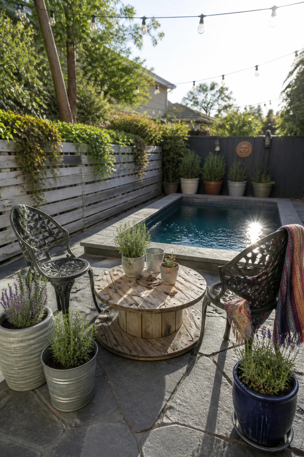 20 Affordable Pool Patio Ideas on a Budget Without Sacrificing Style A pool patio with two ornate metal chairs, a large wooden spool used as a table, and several potted plants arranged on a stone surface.