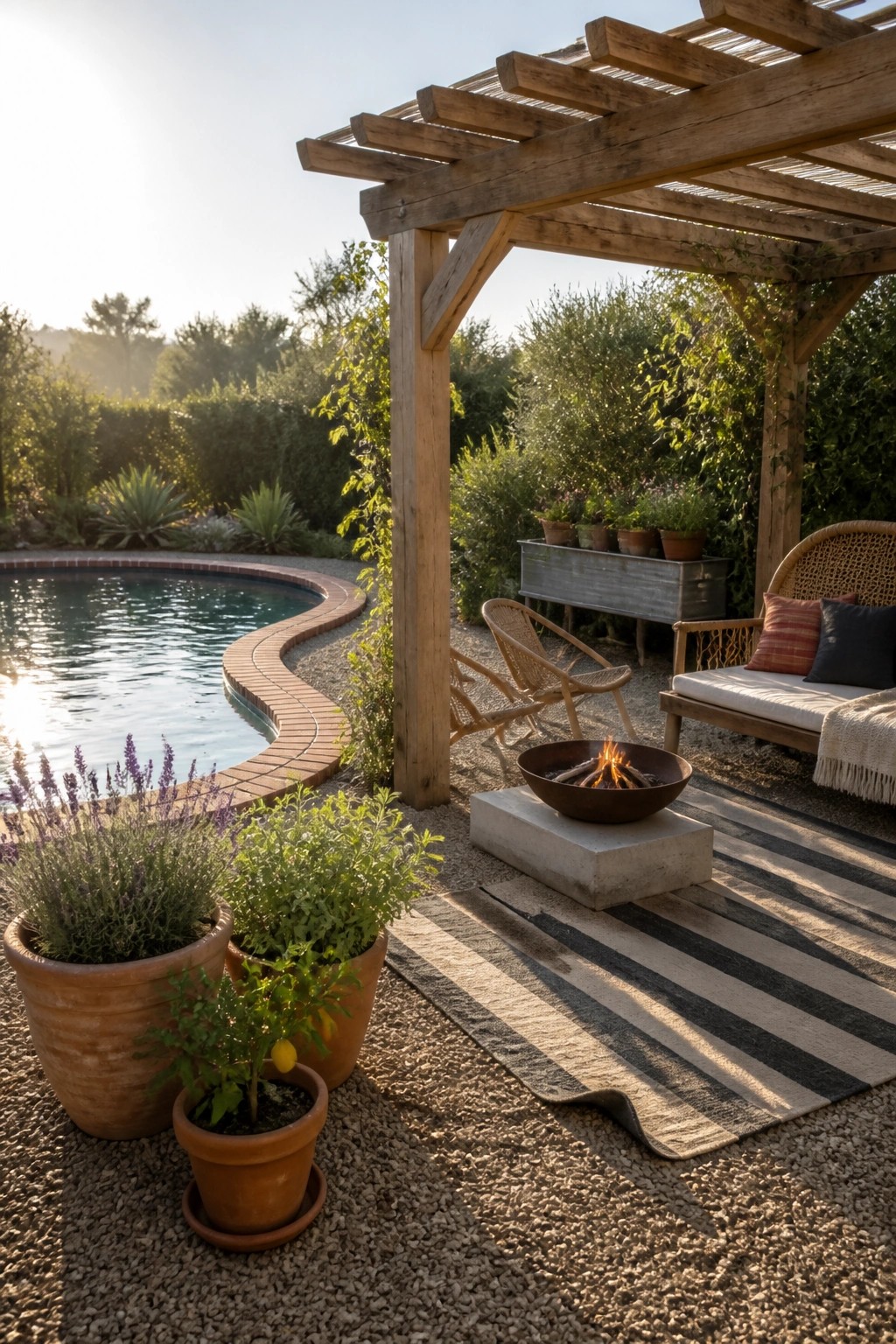 20 Affordable Pool Patio Ideas on a Budget Without Sacrificing Style A gravel pool patio with a fire pit resting on a concrete base, a striped outdoor rug, wooden pergola, and potted plants.