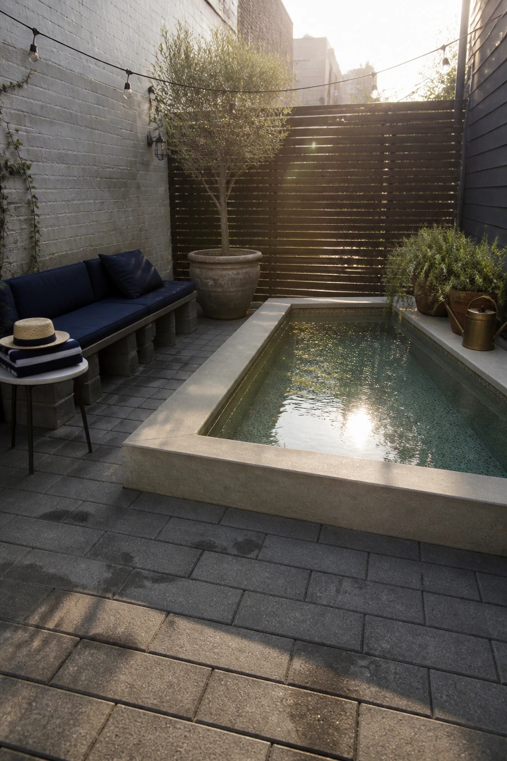 20 Affordable Pool Patio Ideas on a Budget Without Sacrificing Style A small rectangular plunge pool with concrete coping set into a gray stone paver patio, next to a built-in bench with blue cushions and several large potted plants.