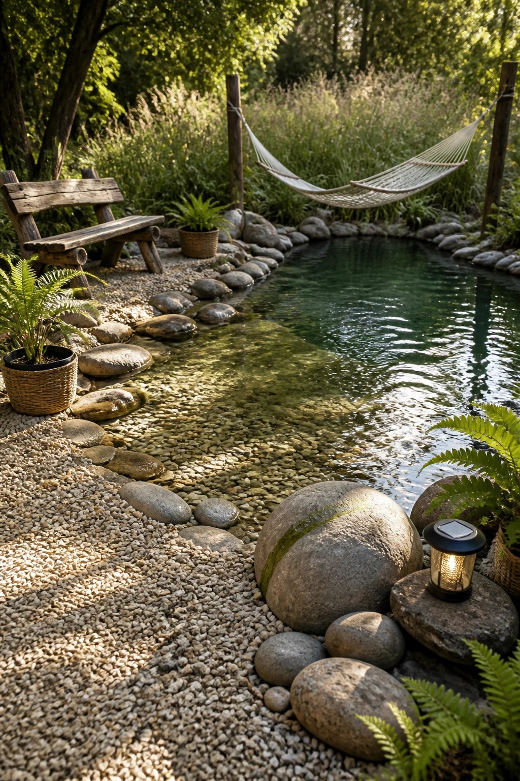 20 Affordable Pool Patio Ideas on a Budget Without Sacrificing Style A natural pool edged with large stepping stones and gravel, surrounded by ferns, a wooden bench, and a hammock in a wooded setting.