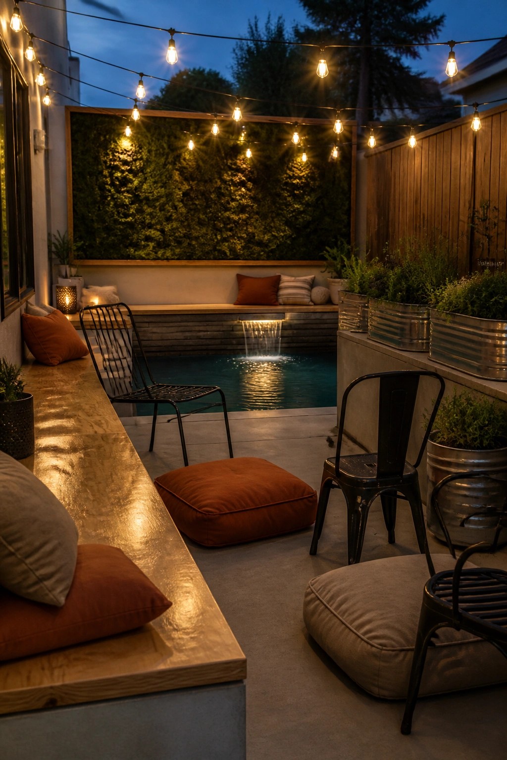 20 Affordable Pool Patio Ideas on a Budget Without Sacrificing Style An outdoor pool patio at dusk with string lights overhead, a small waterfall into the pool, metal chairs, floor cushions, a wooden bench, and potted plants along the edges.