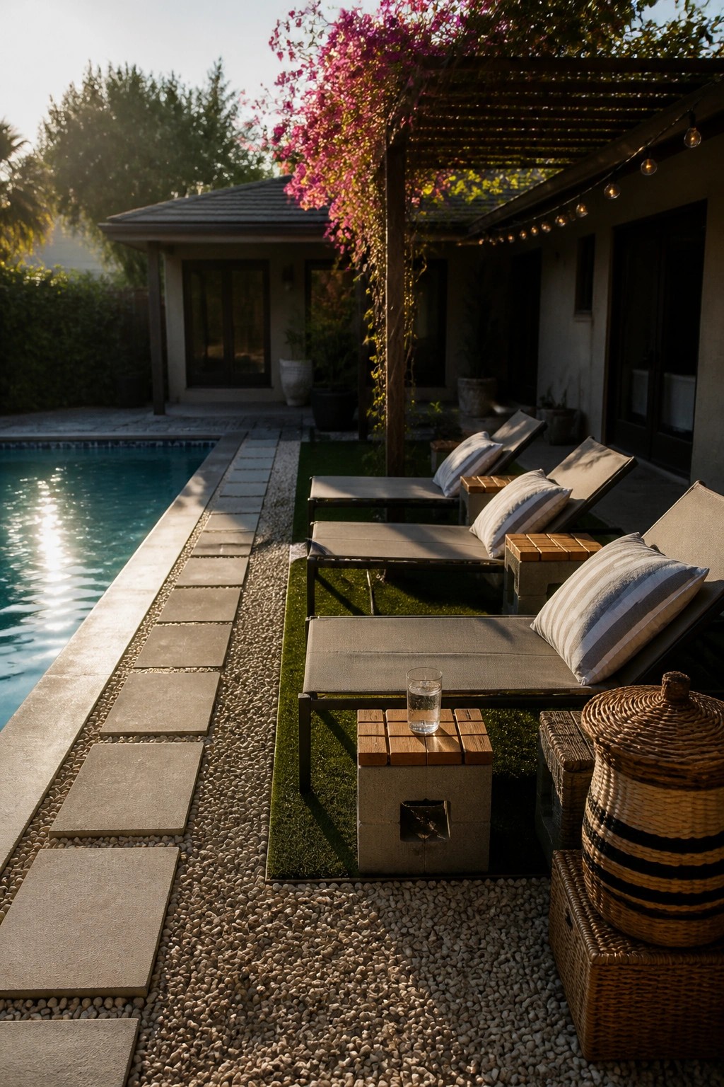 20 Affordable Pool Patio Ideas on a Budget Without Sacrificing Style A rectangular pool with a stone paver path beside it, followed by a gravel strip and a strip of artificial turf holding several lounge chairs under a wooden pergola with string lights and pink flowering vines.
