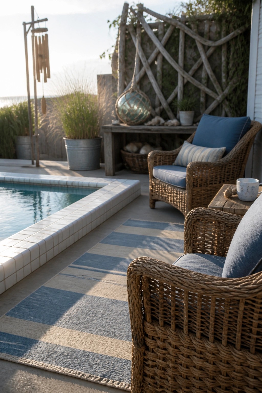 20 Affordable Pool Patio Ideas on a Budget Without Sacrificing Style A poolside patio with a large striped blue and beige rug, two wicker armchairs with blue cushions, and the edge of a swimming pool visible on the left.