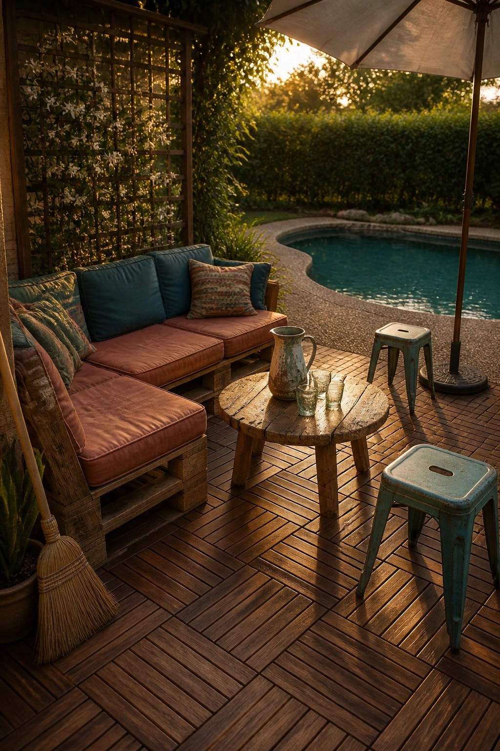 20 Affordable Pool Patio Ideas on a Budget Without Sacrificing Style A wooden deck beside a swimming pool features pallet sofas with cushions, a round wood table, two metal stools, and a large umbrella.