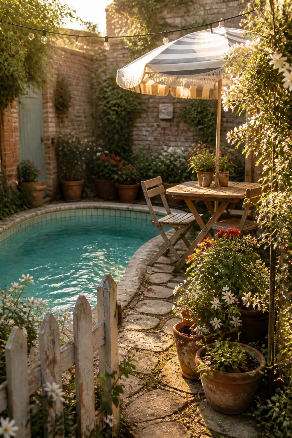 A small oval pool with turquoise water sits in a brick courtyard beside a stone path, a wooden table with two chairs under a striped umbrella, and several terracotta pots with flowers.