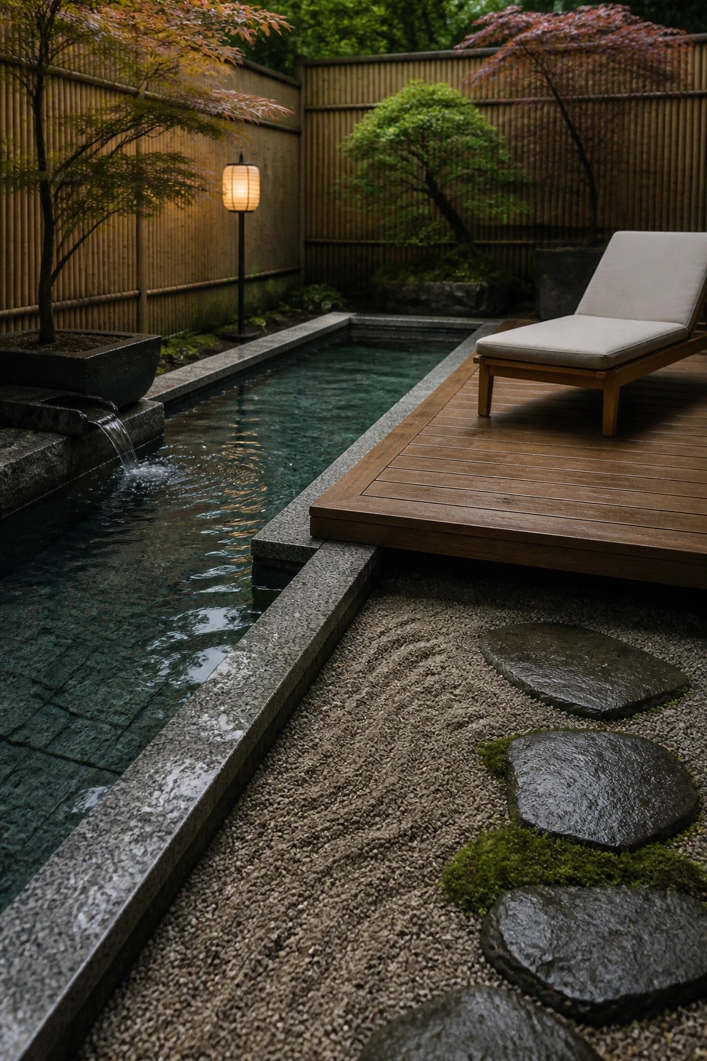 Zen garden with narrow pool, wooden deck chair, stepping stones, and glowing lantern.