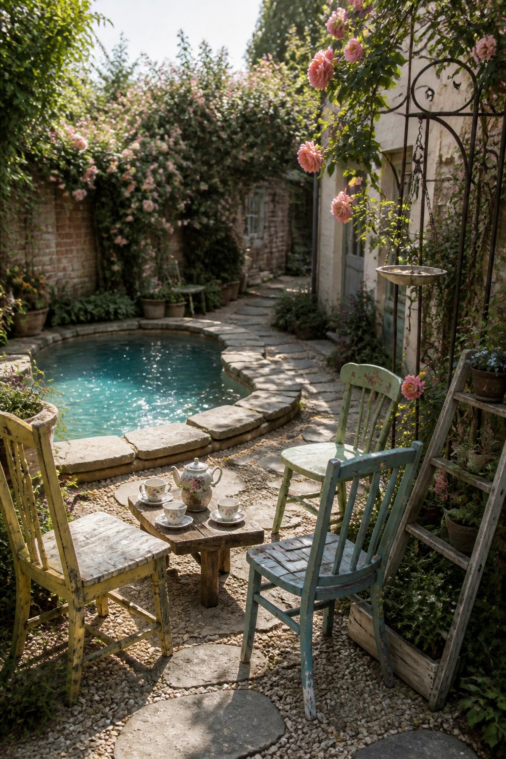 A small courtyard pool edged with stone, with two painted wooden chairs and a table holding a teapot and cups placed on the gravel beside the water, surrounded by climbing pink roses.