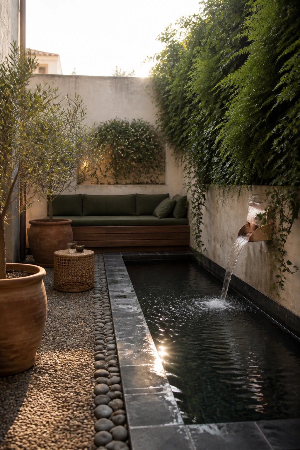 A narrow rectangular pool in a small courtyard with built-in bench seating, a wall-mounted water spout, gravel path, and large terracotta pots.