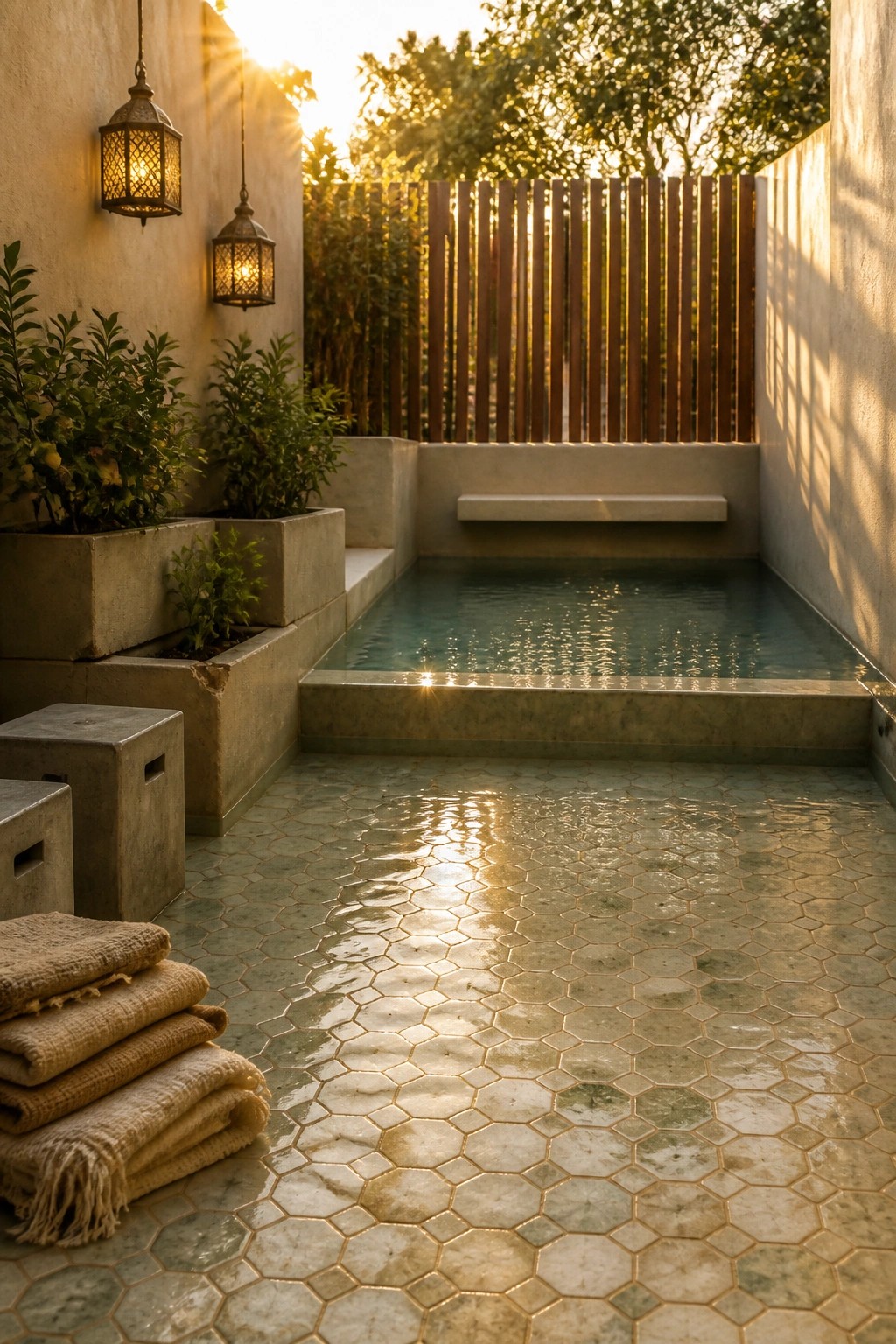 A small rectangular pool surrounded by concrete walls and planters with greenery, a built-in bench along one side, hanging lanterns, and a wooden fence in the background.
