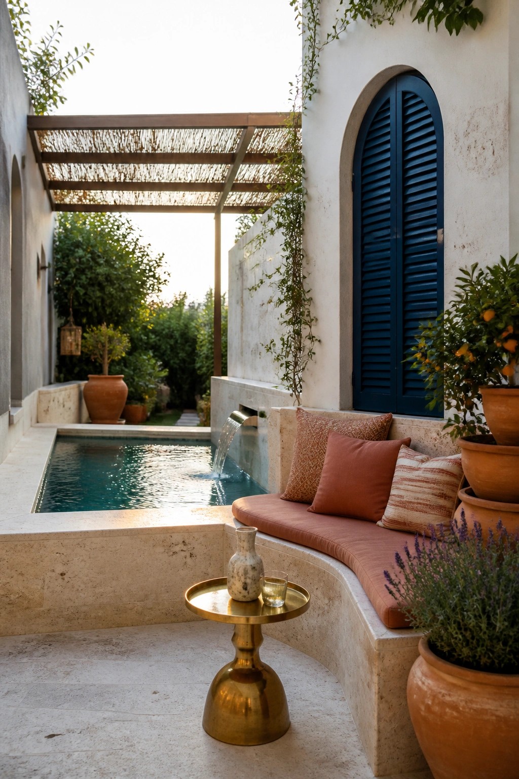 A small rectangular pool with a curved built-in bench seat covered in rust-colored cushions, positioned next to a water spout on a stone wall, with terracotta pots and greenery around the edges.