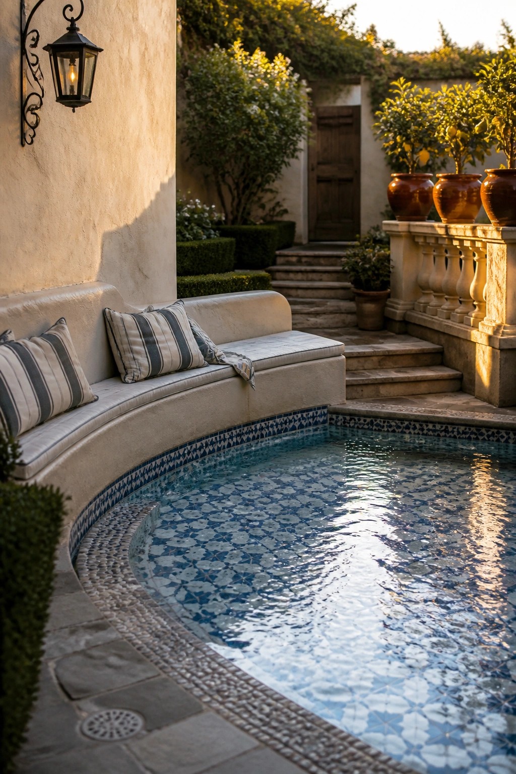 A small courtyard pool with a curved built-in bench and striped cushions next to the water.