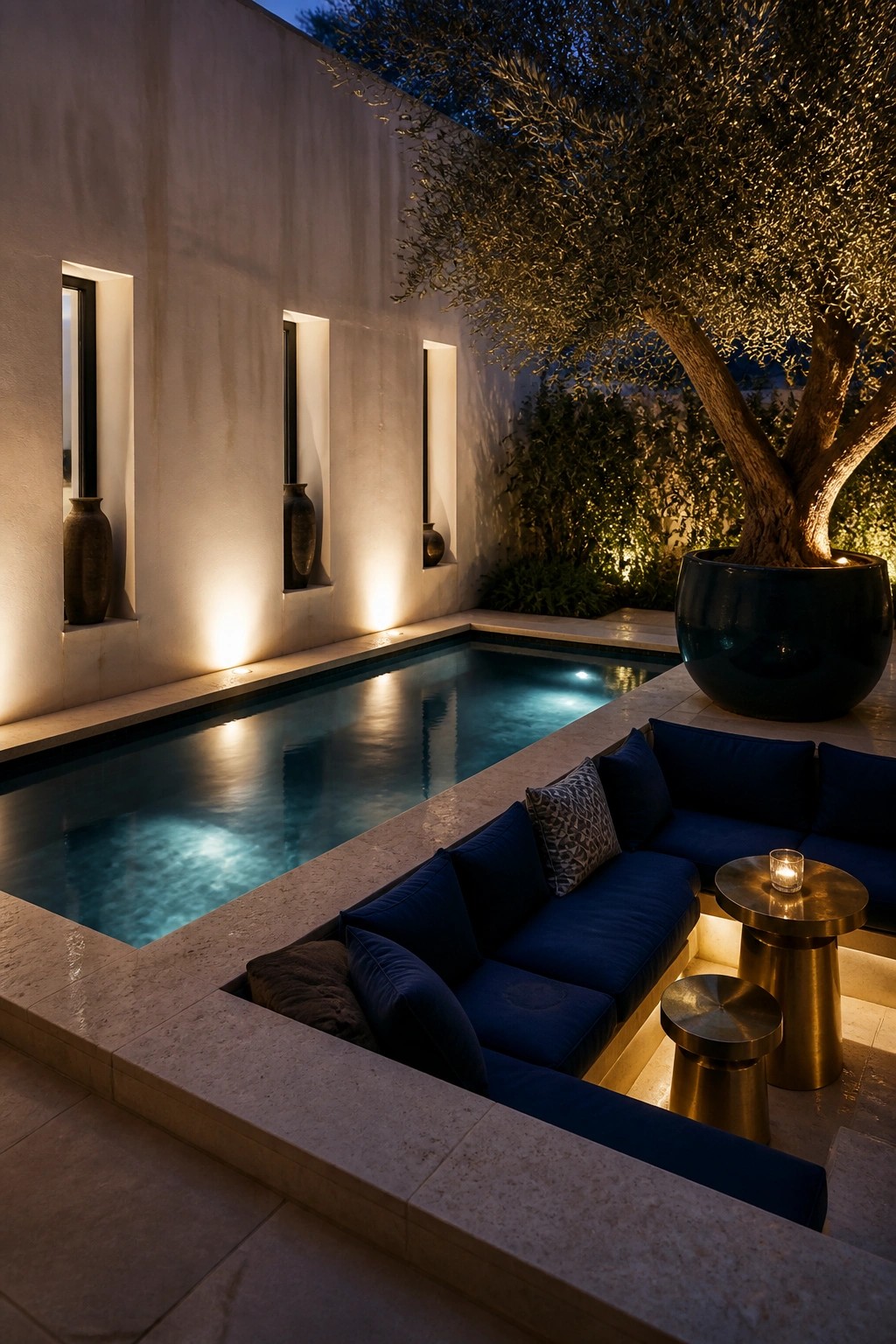 Luxurious night pool with blue lounge seating, potted olive tree, and glowing wall niches.