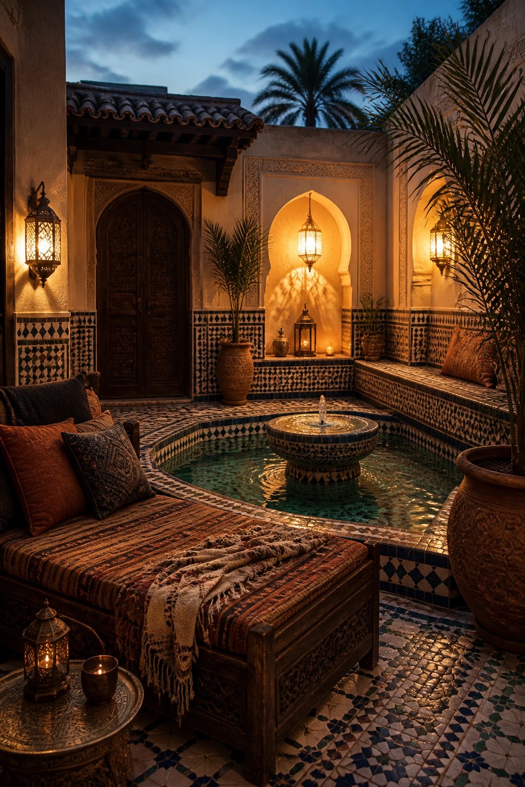 A small tiled courtyard pool with a central fountain, built-in mosaic benches with cushions, lanterns, and potted plants at dusk.