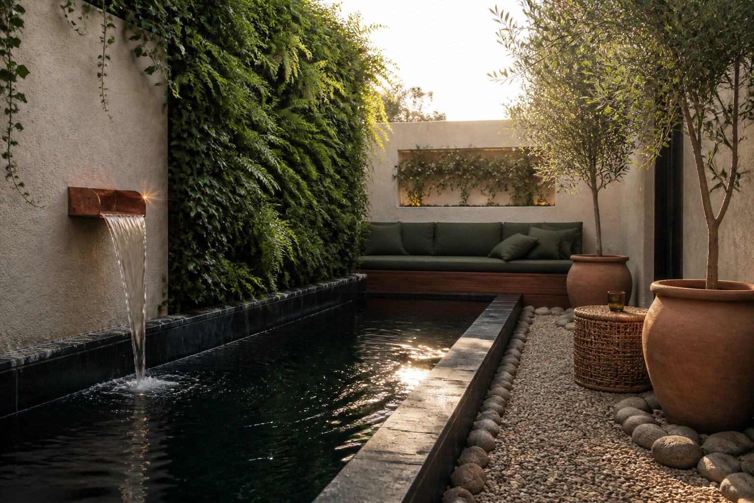 A narrow rectangular pool in a small courtyard with built-in bench seating, a wall-mounted water spout, gravel path, and large terracotta pots.