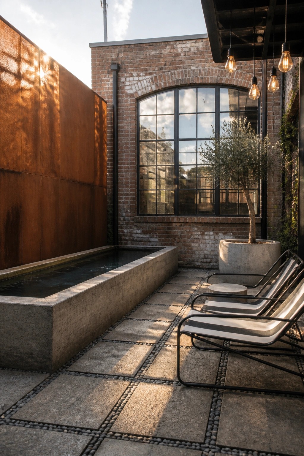 A small courtyard features a long rectangular concrete water trough along a brick wall, with stone pavers, lounge chairs, and a potted tree.