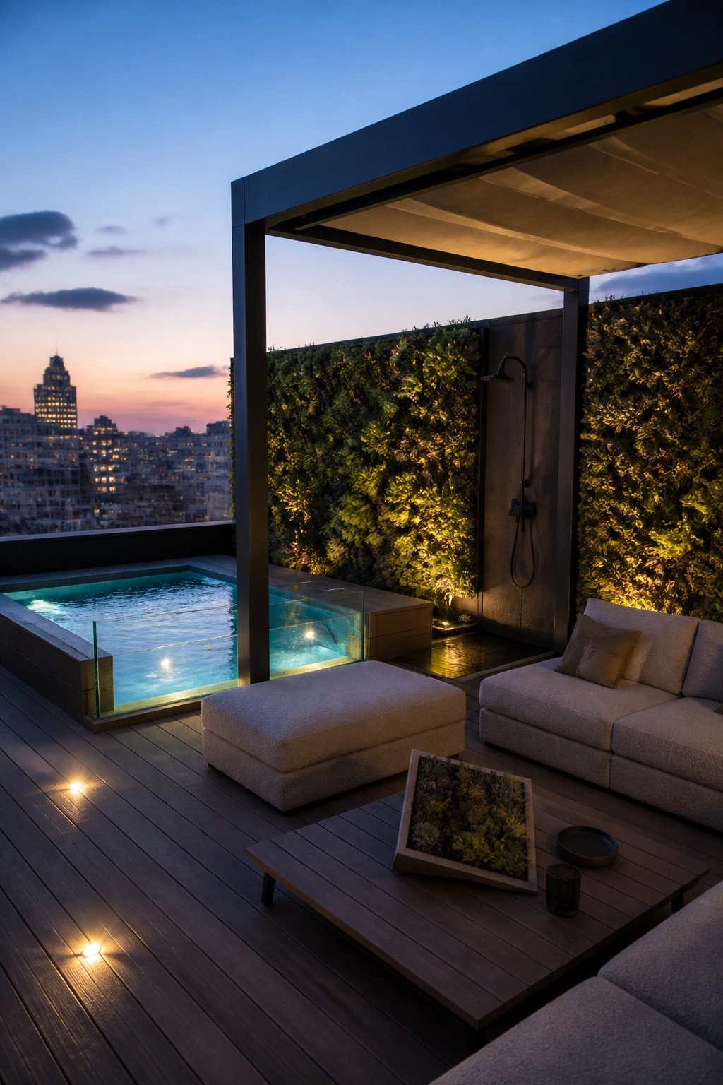A small rectangular pool on a rooftop deck enclosed by tall living green walls, with an outdoor shower, lounge seating, and city skyline at dusk.