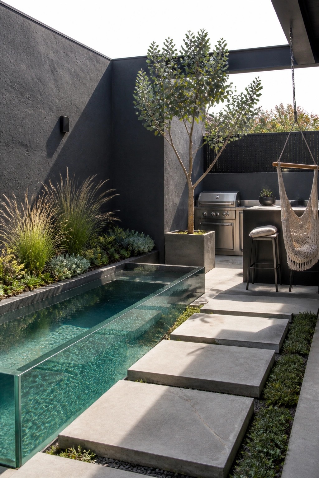 Modern courtyard with glass-edged pool, concrete steps, outdoor kitchen and hanging chair.