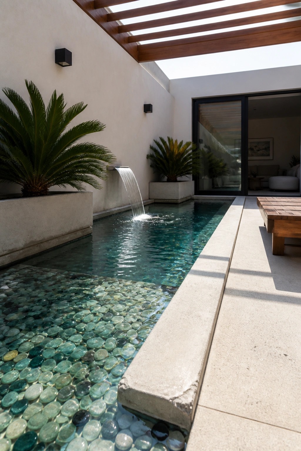 A small courtyard pool with a shallow end lined in green glass pebbles, a wall-mounted water spout, concrete planters with palms, and a wooden pergola overhead.