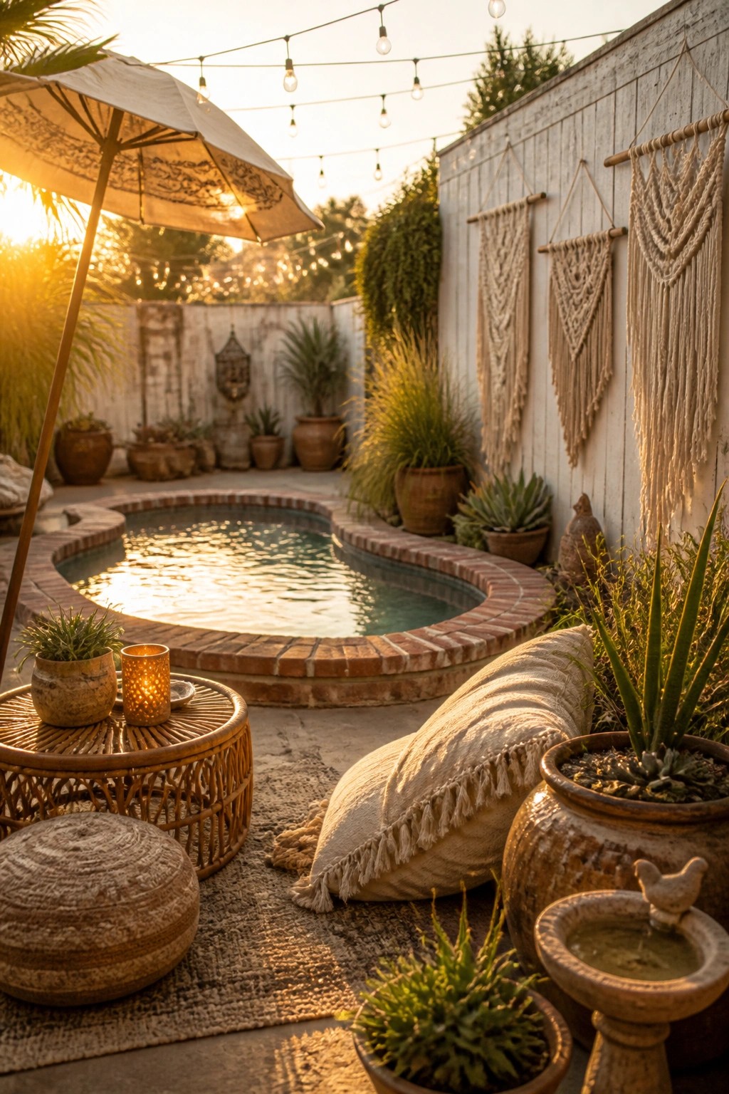 A small curved pool in a courtyard with string lights overhead, a large patio umbrella, potted plants, and ground-level seating with pillows.