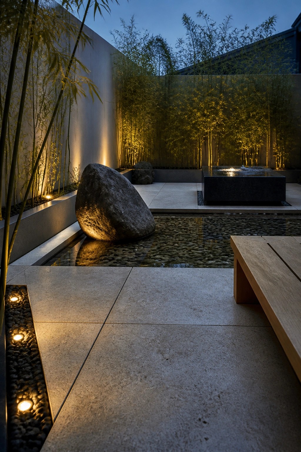 A small courtyard pool at dusk with a large boulder, pebble edging, a black water feature, illuminated bamboo along the walls, and a wooden bench on stone paving.