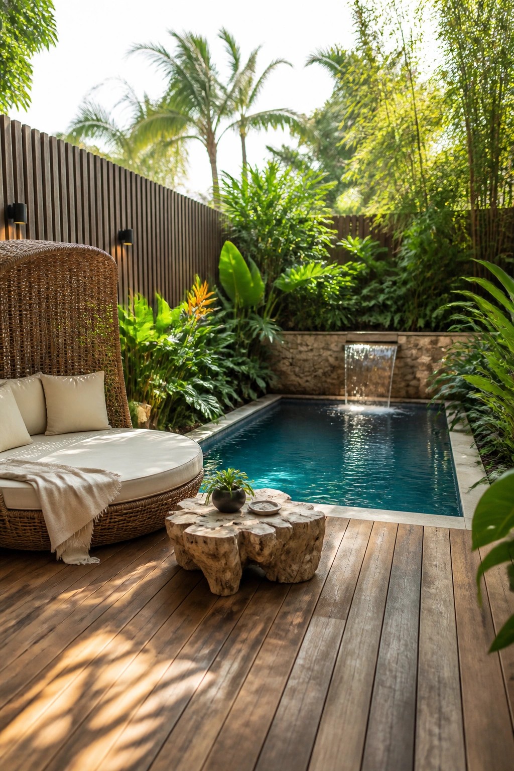 A small rectangular pool with a stone waterfall, surrounded by tropical plants and a wooden deck with a large wicker lounge chair.