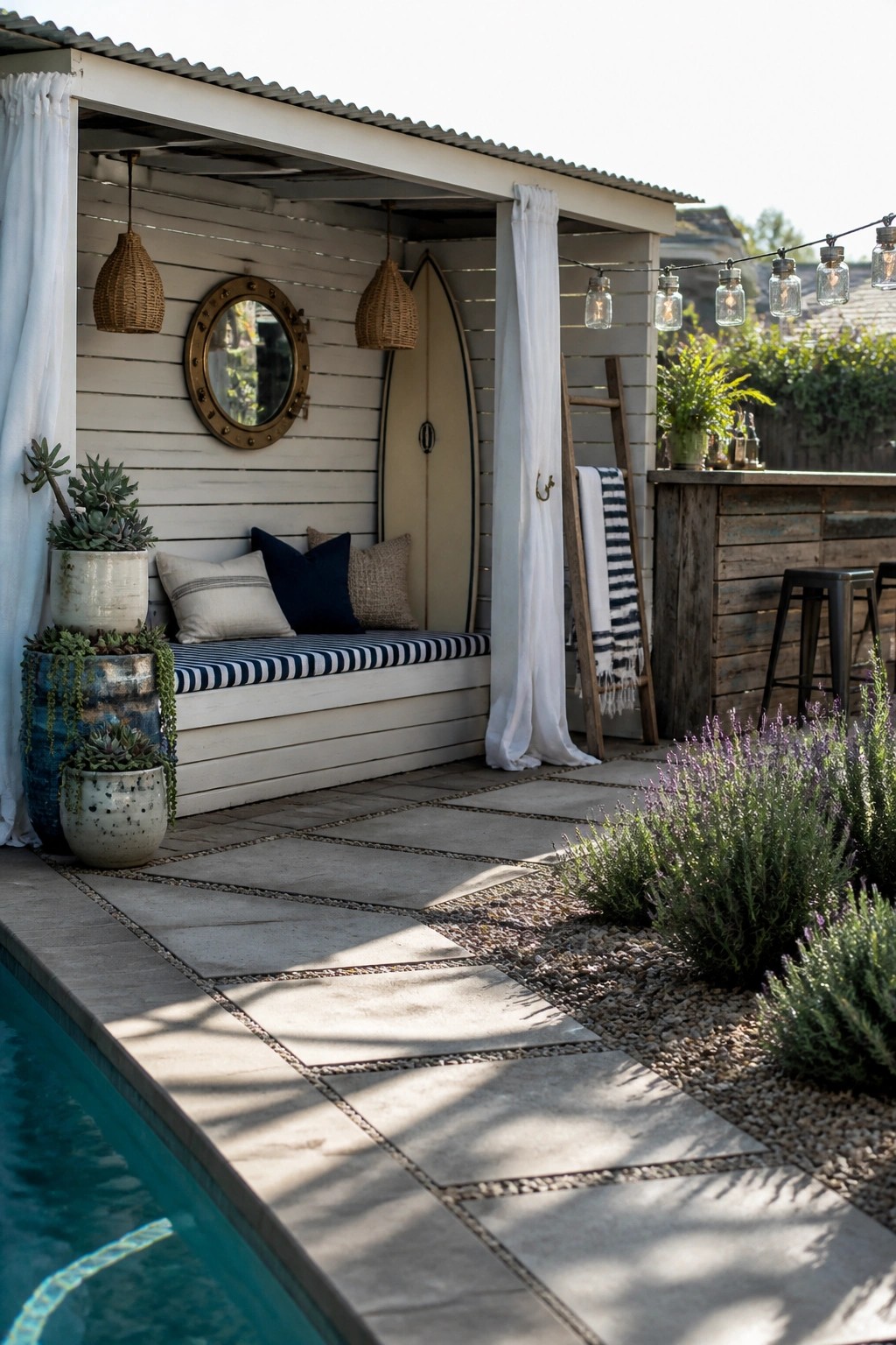 A white wooden pool cabana with a long striped bench seat, surfboard, potted plants, string lights, and a wooden bar area beside a swimming pool.