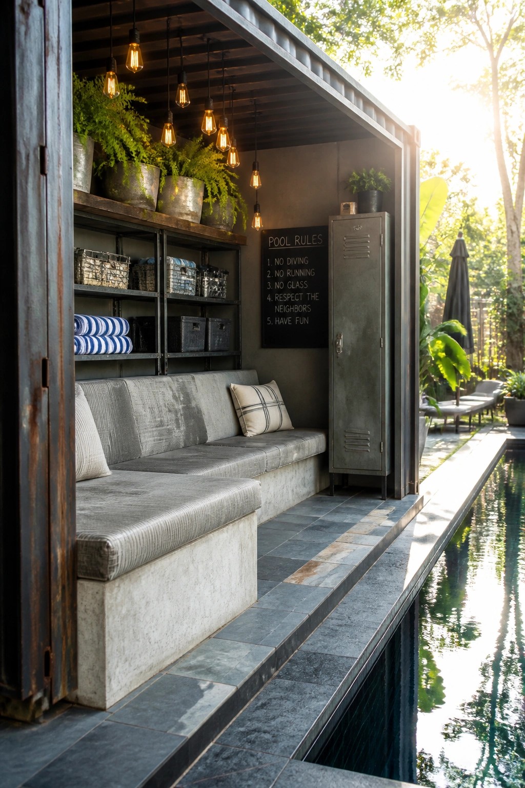 A pool cabana interior showing a gray metal locker beside a built-in concrete bench with gray cushions, open shelves, and hanging lights next to a swimming pool.