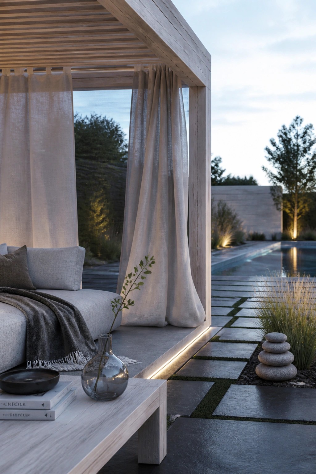 Modern wooden cabana with sheer curtains, gray sofa, and poolside view at dusk